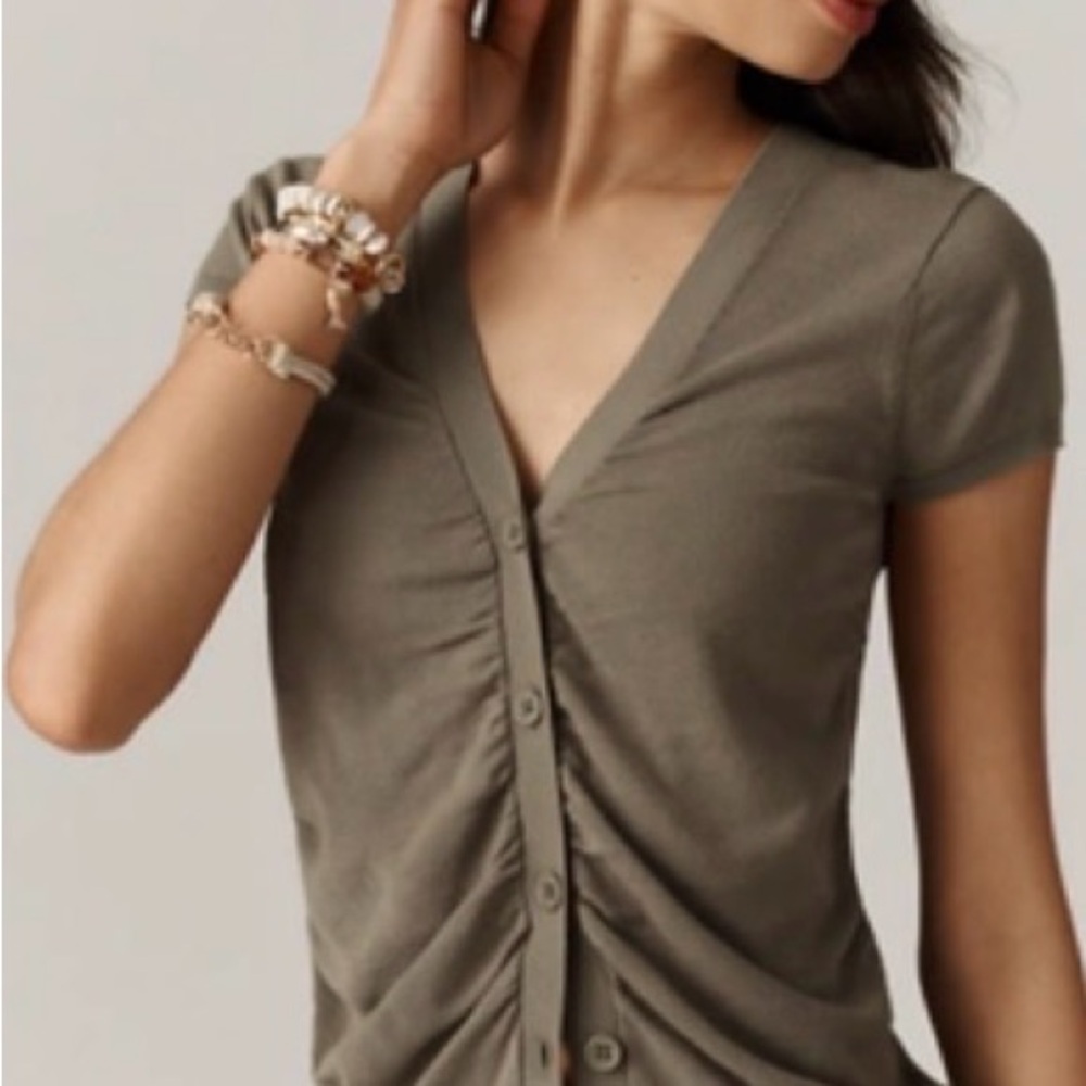 Anthropologie Olive Green Ruched Button-Front Top